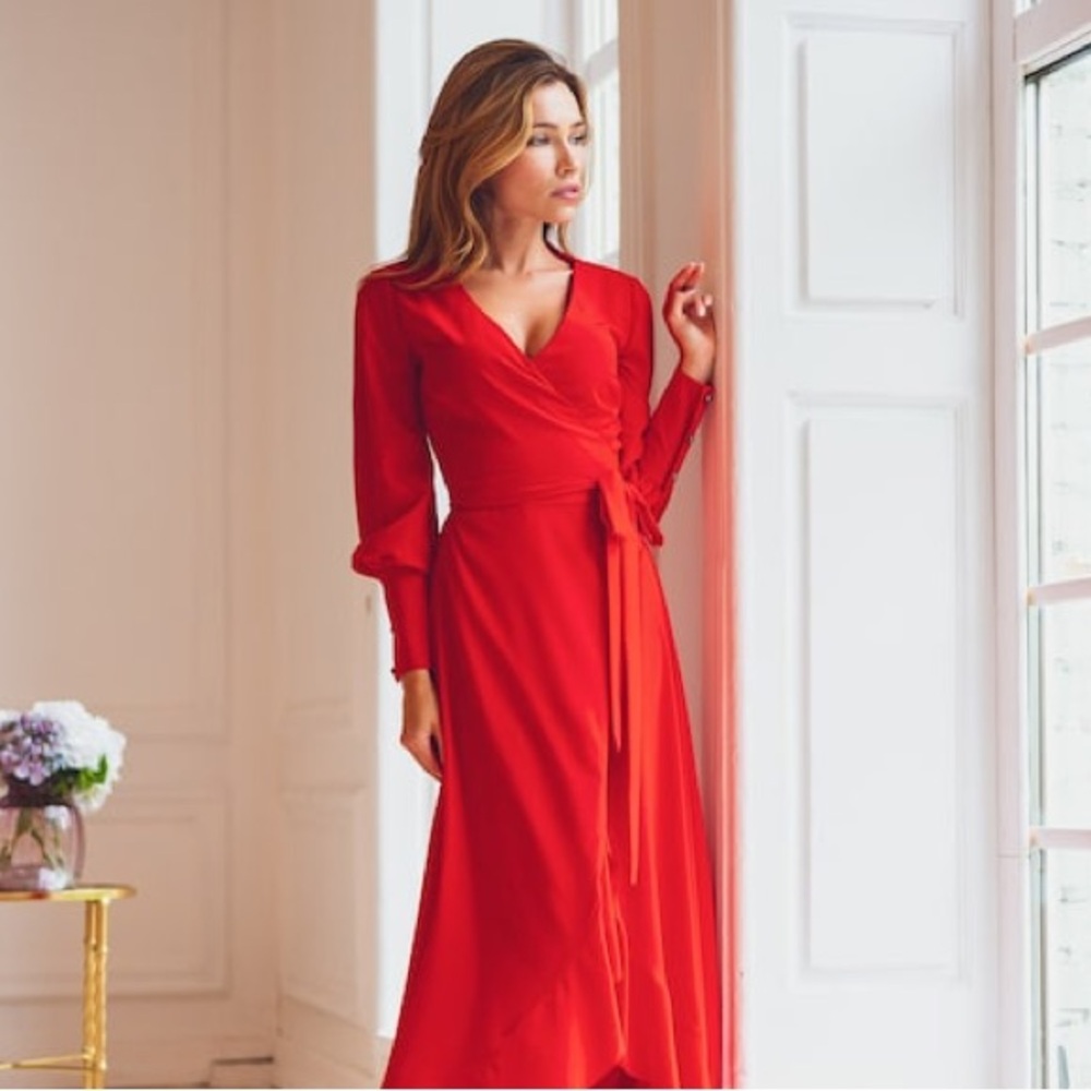 Akris Red Wrap Maxi Gown with Bishop Sleeves